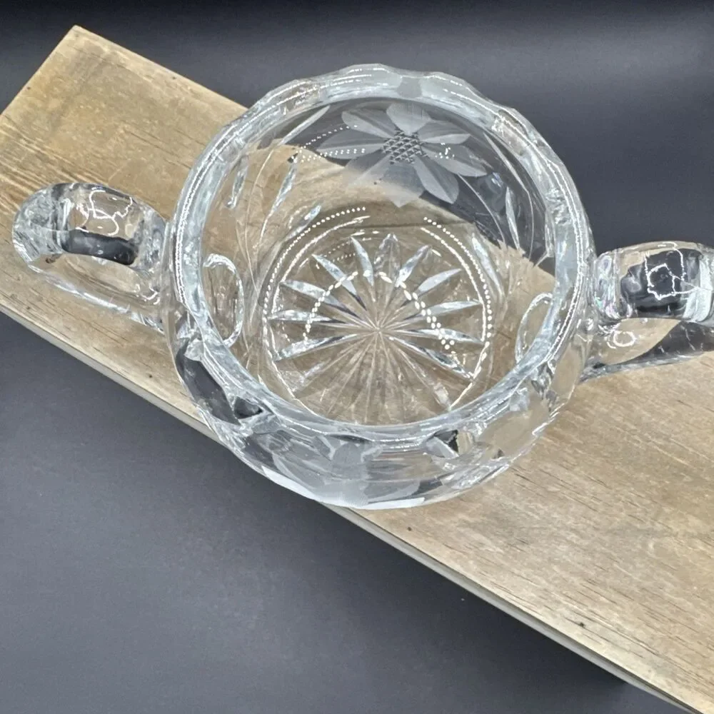 Etched Glass Clear Cut Flower Design Sugar Bowl with Two Handles Solid Heavy
